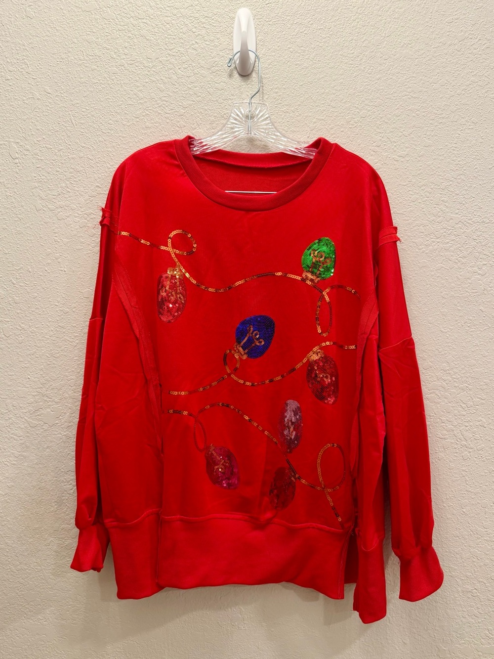 NWOT Oversized Christmas Sequin Lights Long Sleeve Top Red Size L